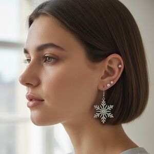 Silver Snowflake Drop Earrings with CZ Accents, Sterling Fish Hook